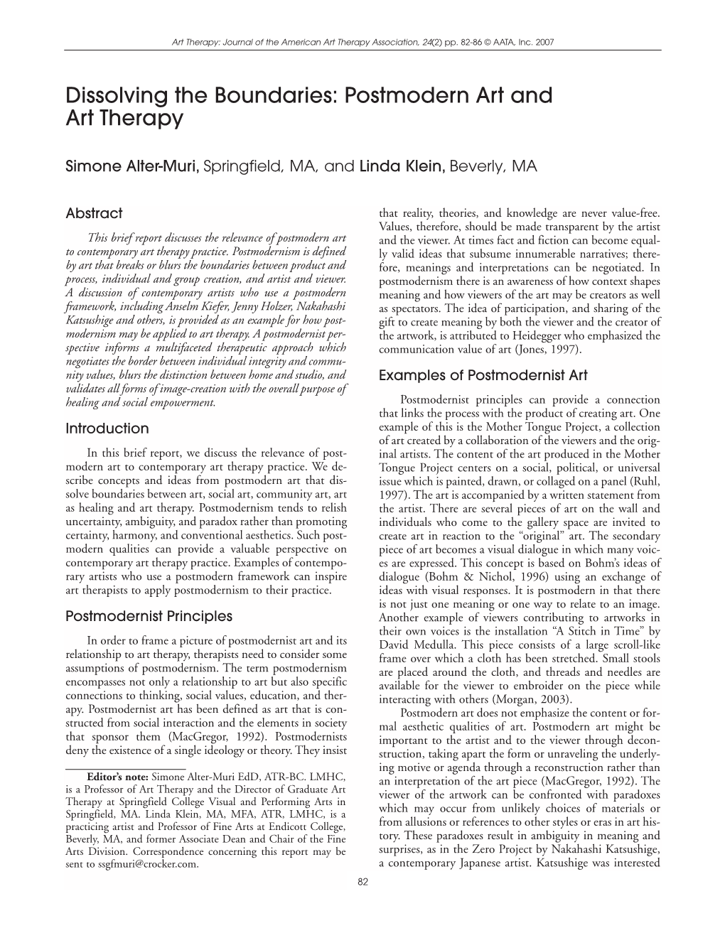 Dissolving the Boundaries: Postmodern Art and Art Therapy