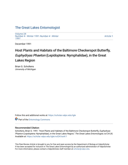 Host Plants and Habitats of the Baltimore Checkerspot Butterfly, Euphydryas Phaeton (Lepidoptera: Nymphalidae), in the Great Lakes Region