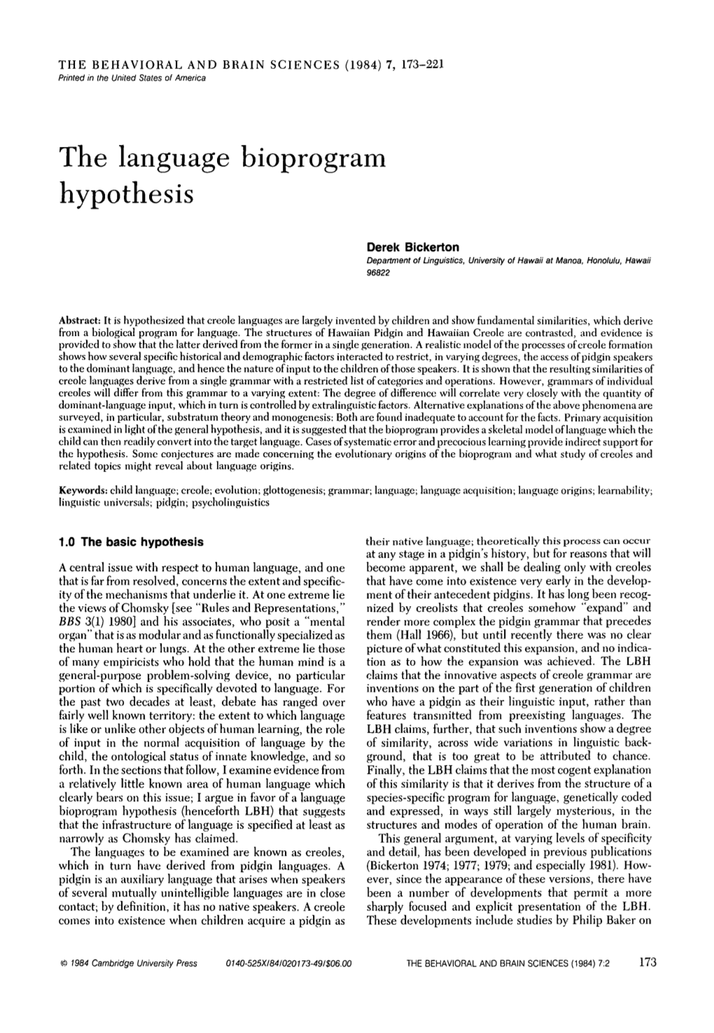 The Language Bioprogram Hypothesis