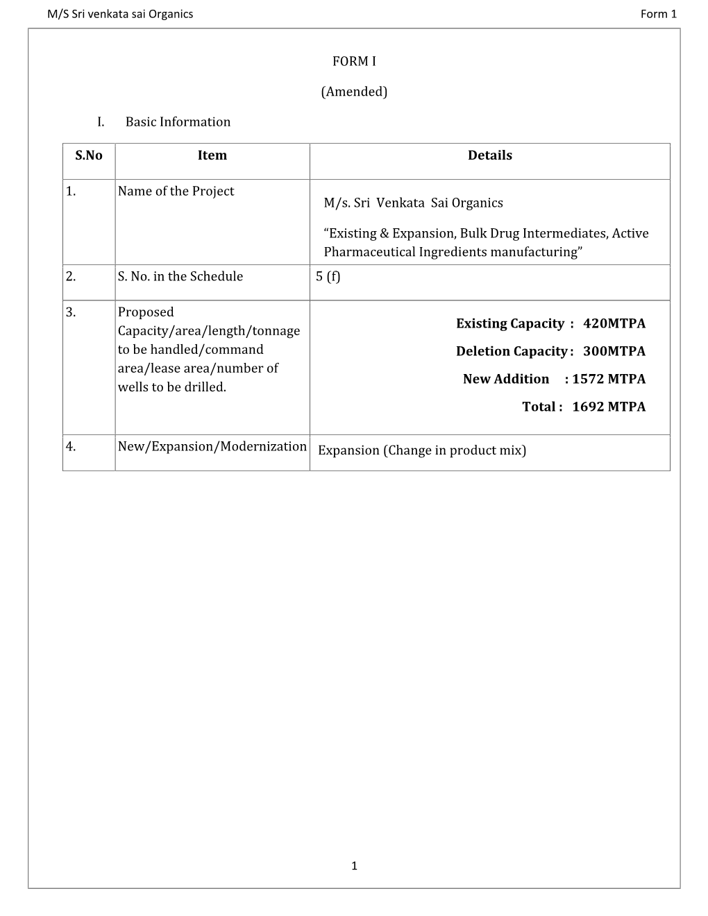 FORM I (Amended) I. Basic Information S.No Item Details 1. Name of the Project M/S. Sri Venkata Sai Organics