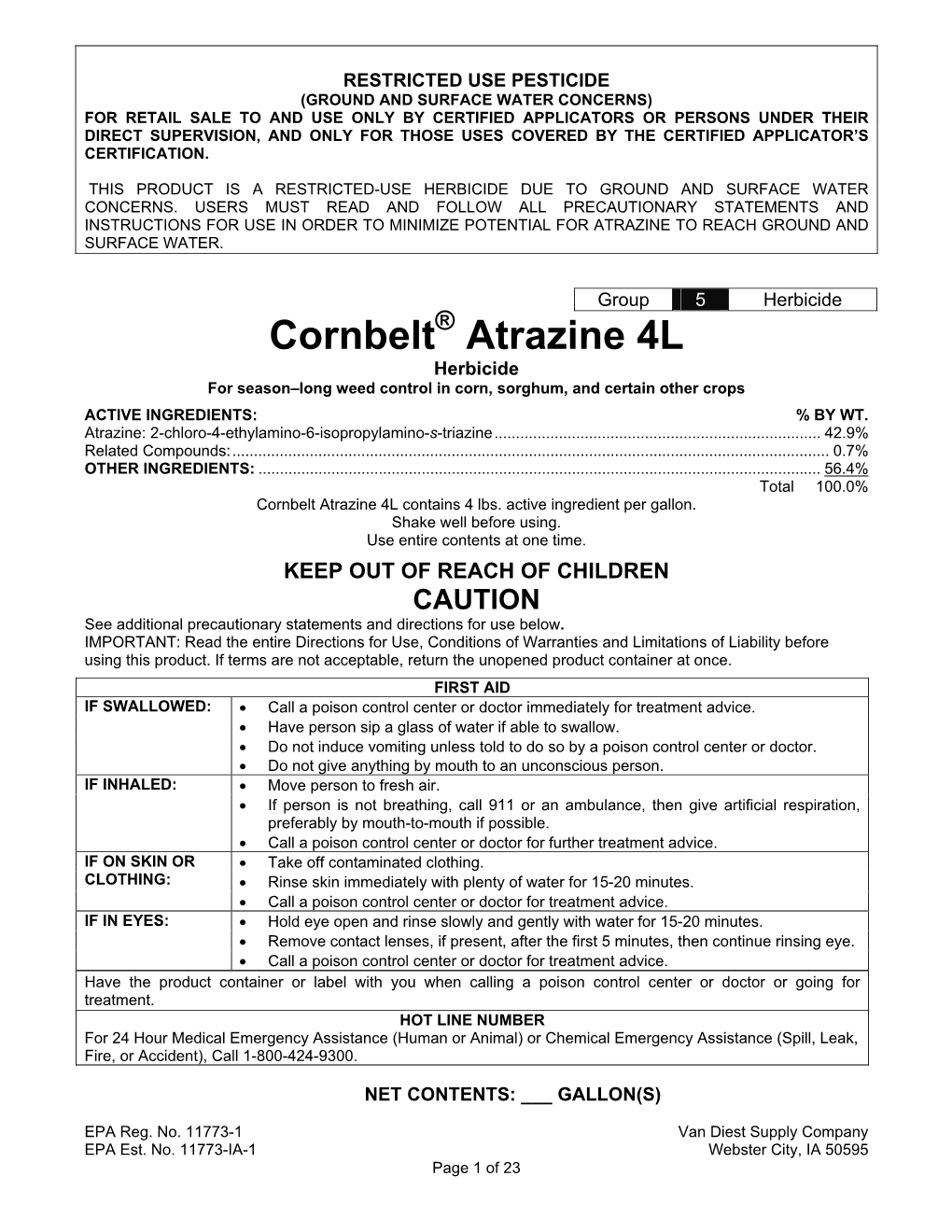Cornbelt Atrazine 4L Contains 4 Lbs