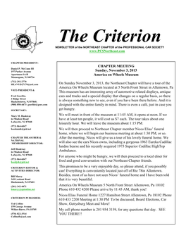 The Criterion NEWSLETTER of the NORTHEAST CHAPTER of the PROFESSIONAL CAR SOCIETY