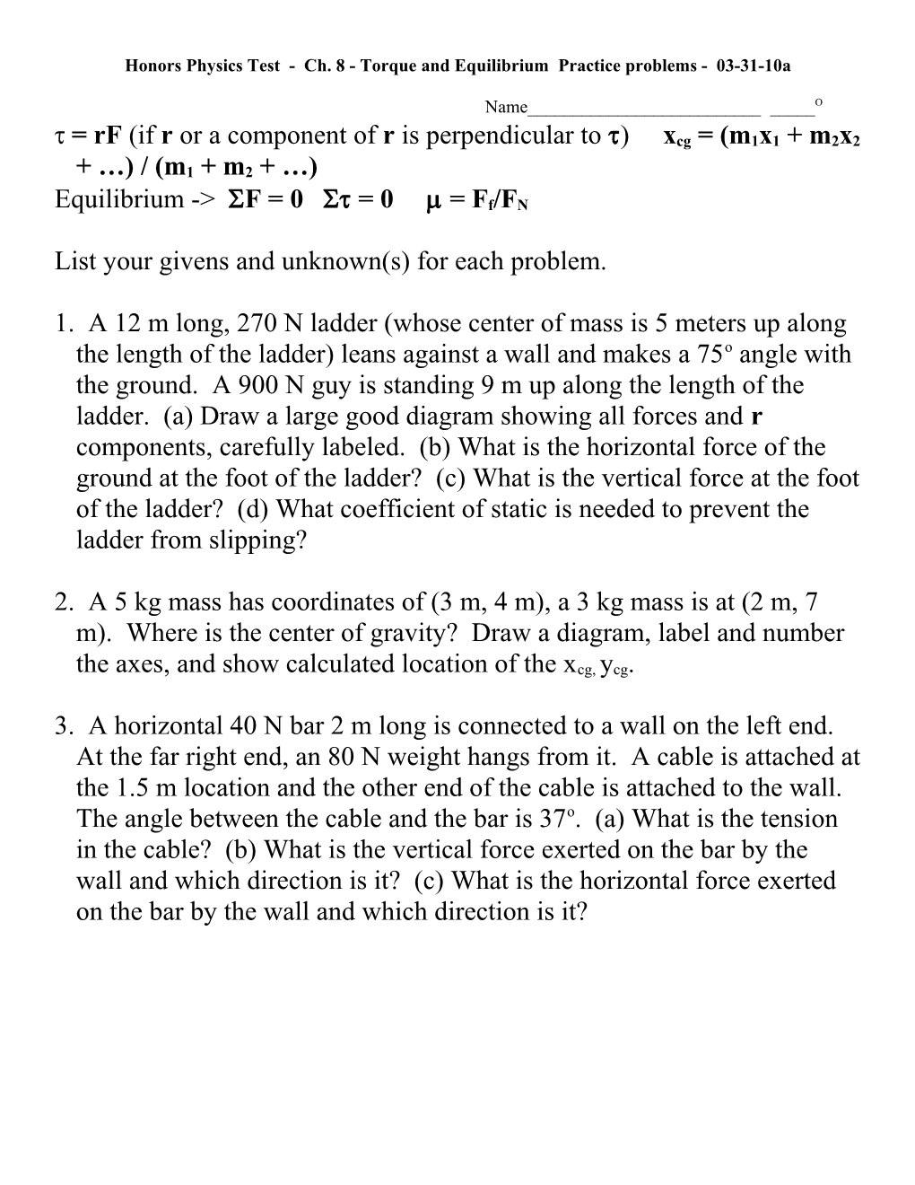 Honors Physics Test - Ch