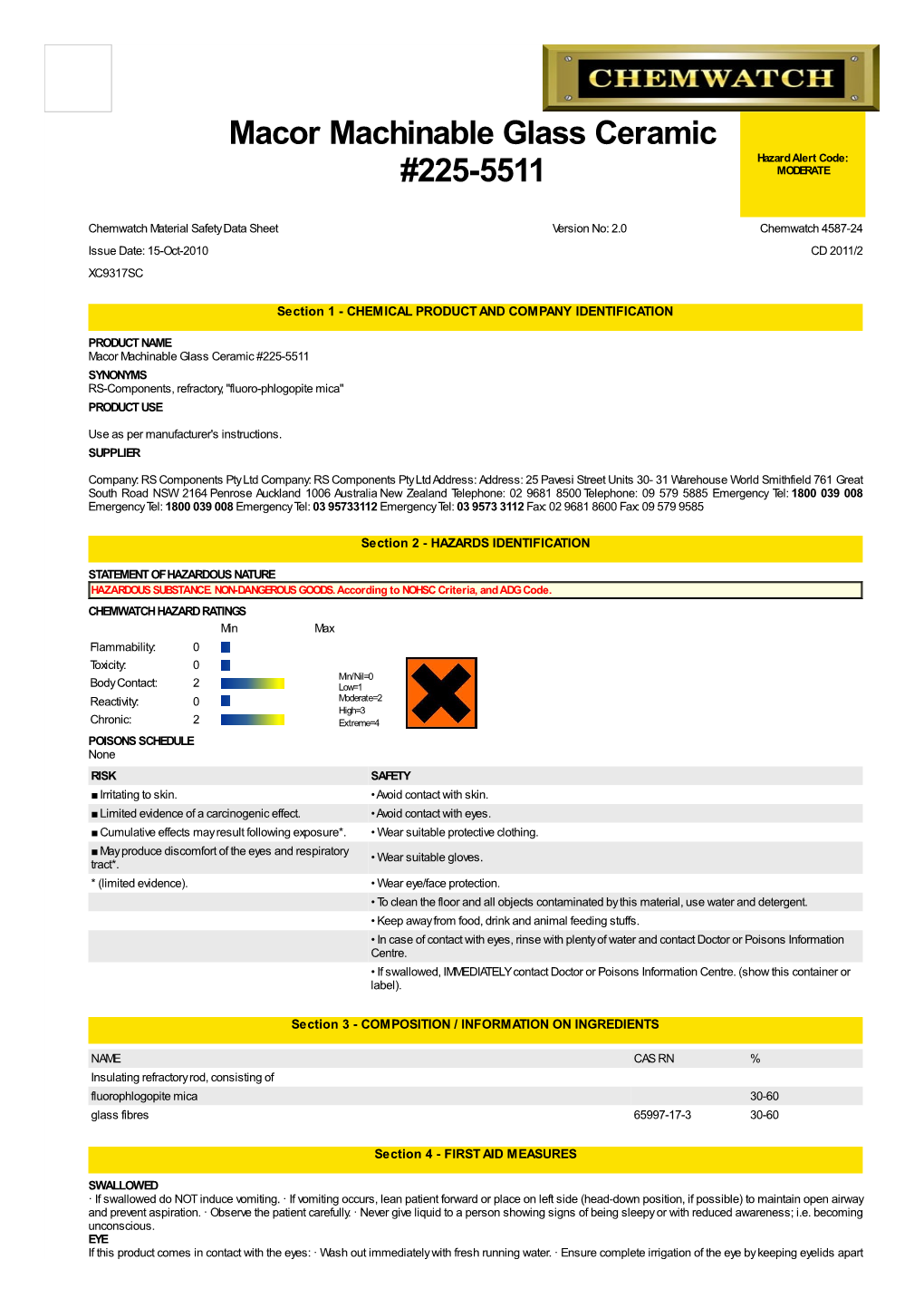 Macor Machinable Glass Ceramic Hazard Alert Code: #225-5511 MODERATE