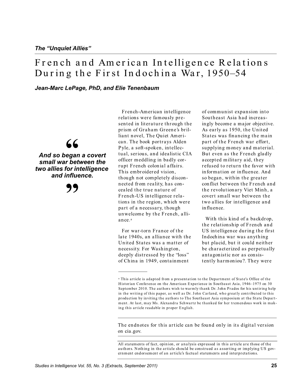 French and American Intelligence Relations During the First Indochina War, 1950–54