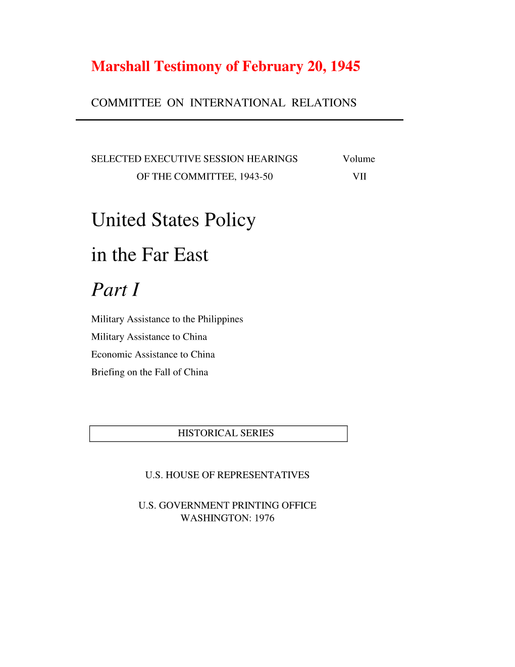 United States Policy in the Far East Part I