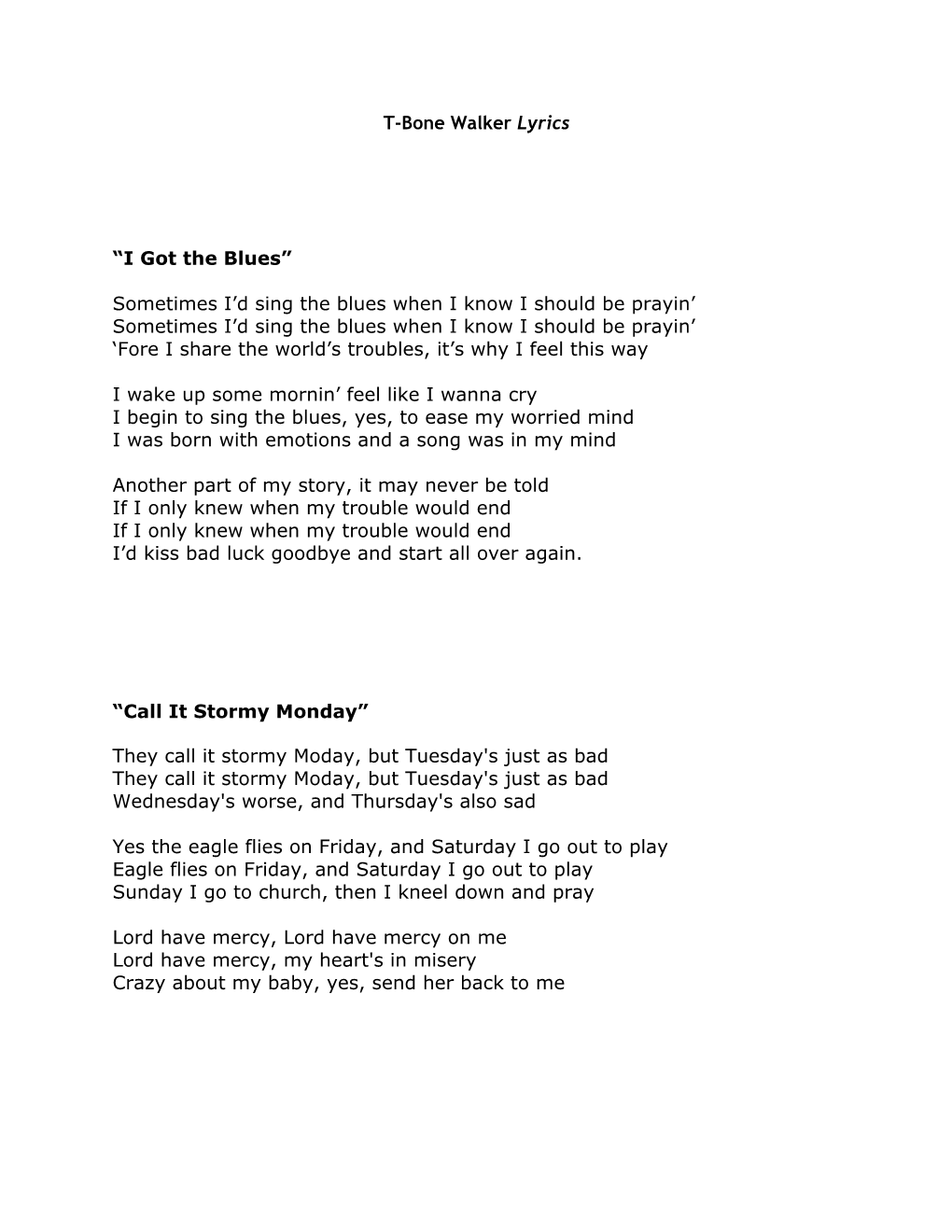 T-Bone Walker Lyrics “I Got the Blues”