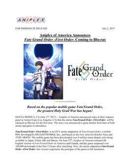 Aniplex of America Announces Fate Grand Order -First Order- Coming to Blu-Ray