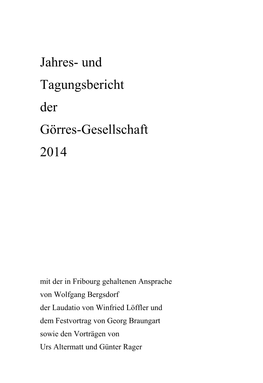 Jahres- Und Tagungsbericht Der Görres-Gesellschaft 2014