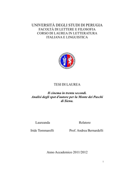 Università Degli Studi Di Perugia Facoltà Di Lettere E Filosofia Corso Di Laurea in Letteratura Italiana E Linguistica