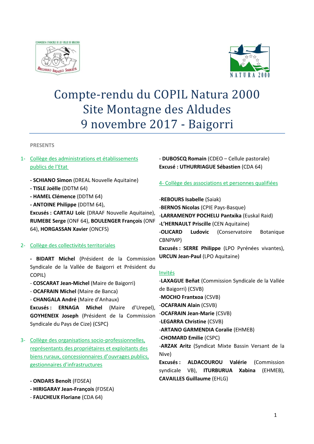 Compte-Rendu Du COPIL Natura 2000 Site Montagne Des Aldudes 9 Novembre 2017 - Baigorri