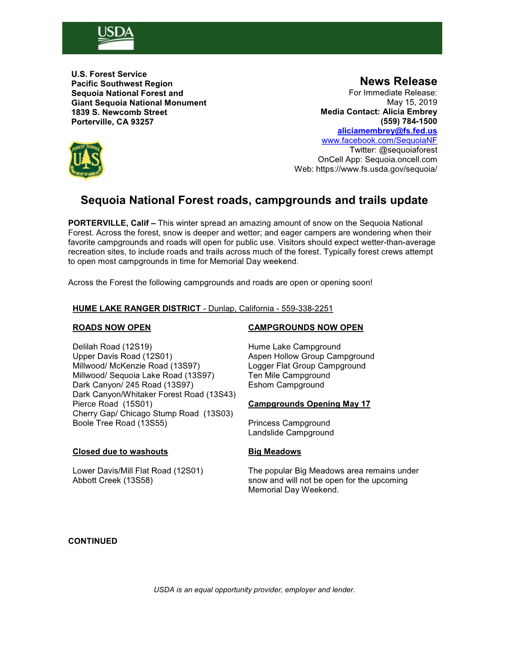 News Release Sequoia National Forest Roads, Campgrounds and Trails Update