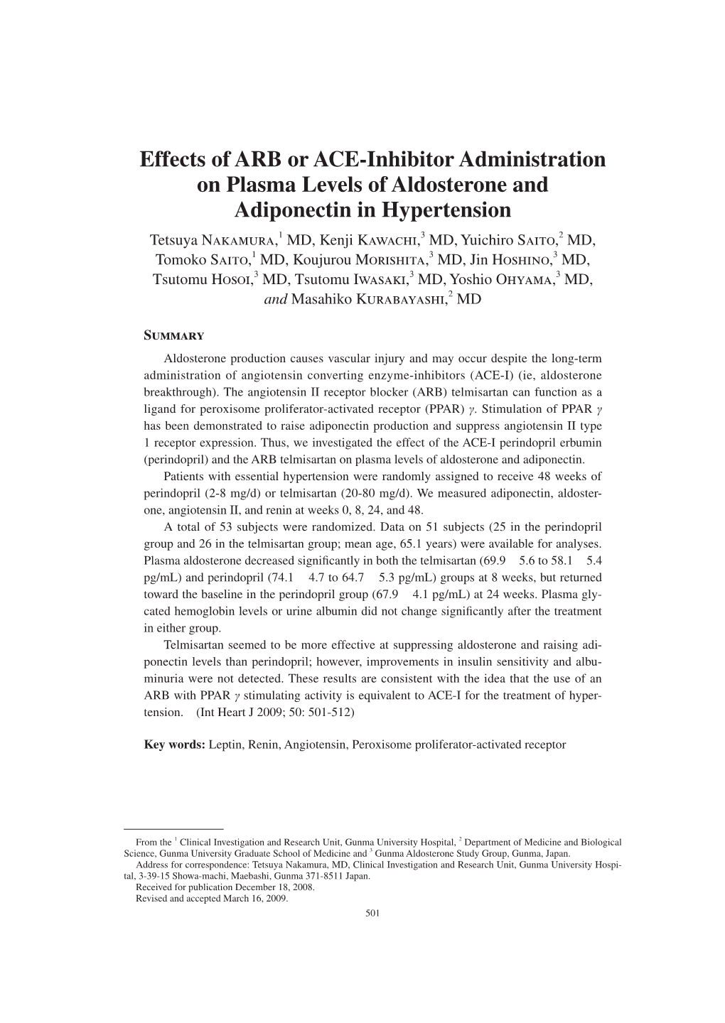 Effects of ARB Or ACE-Inhibitor Administration on Plasma Levels Of