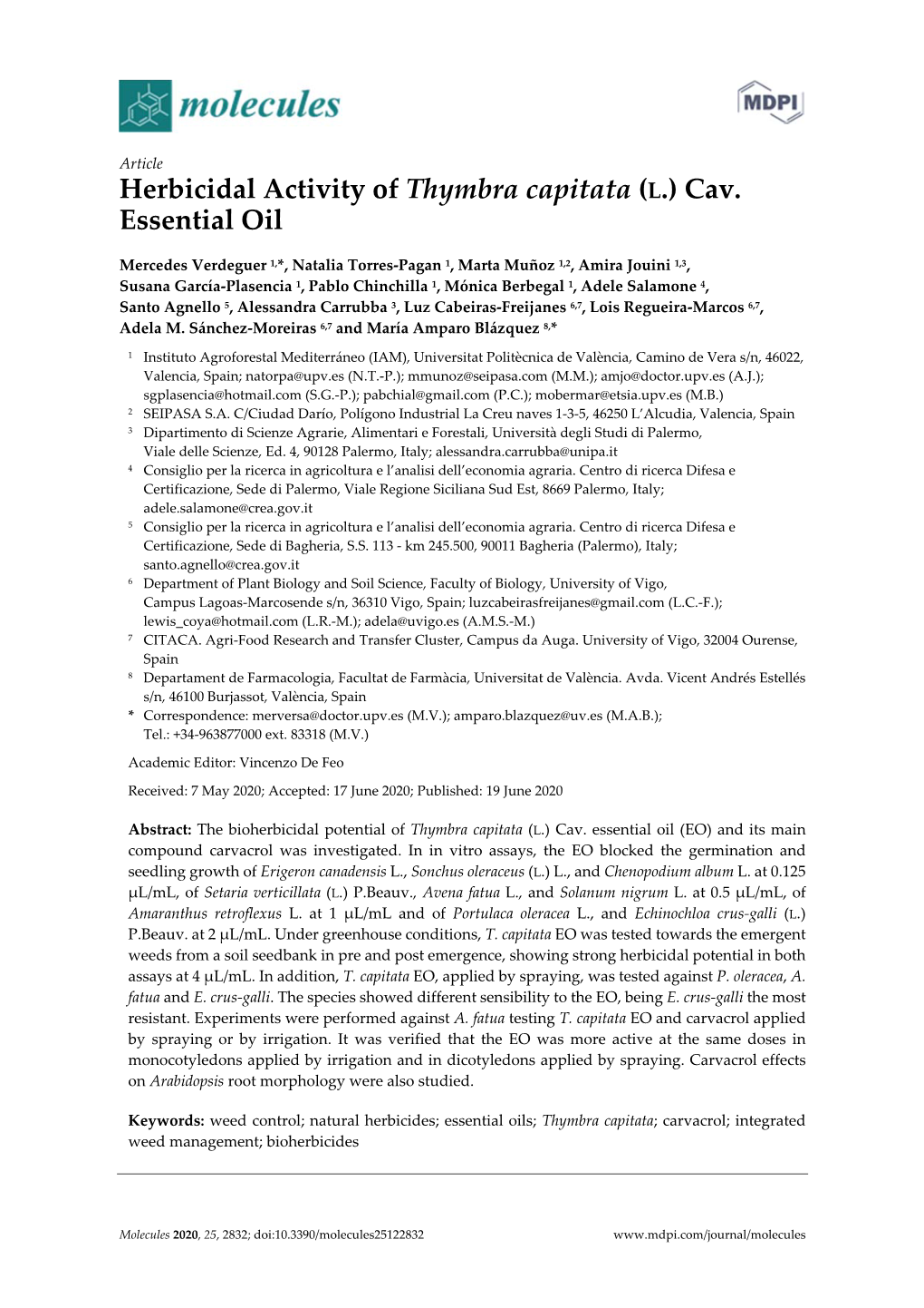 Herbicidal Activity of Thymbra Capitata (L.) Cav. Essential Oil