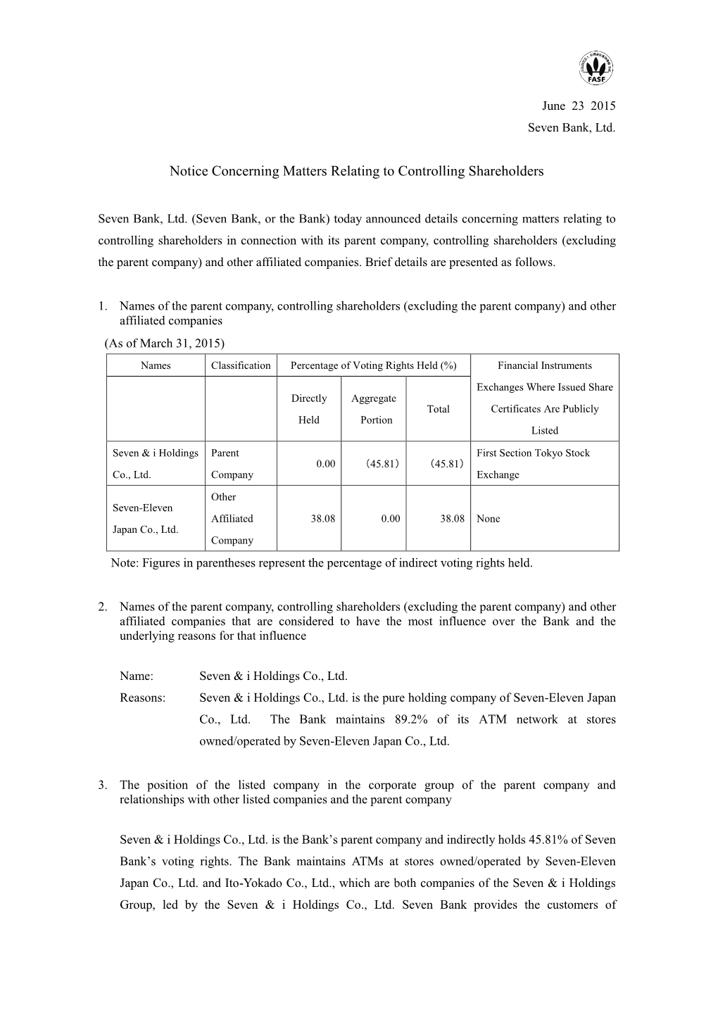 [PDF] Notice Concerning Matters Relating to Controlling Shareholders