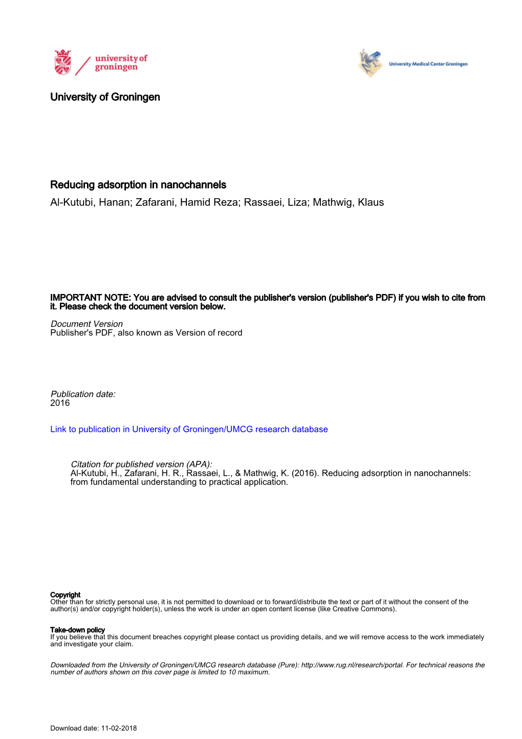 University of Groningen Reducing Adsorption In