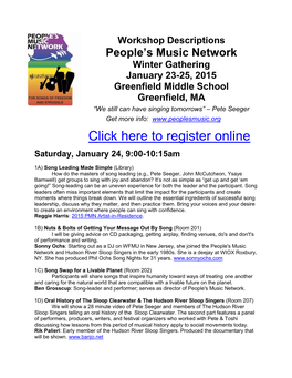 Workshop Descriptions People’S Music Network Winter Gathering January 23-25, 2015 Greenfield Middle School Greenfield, MA