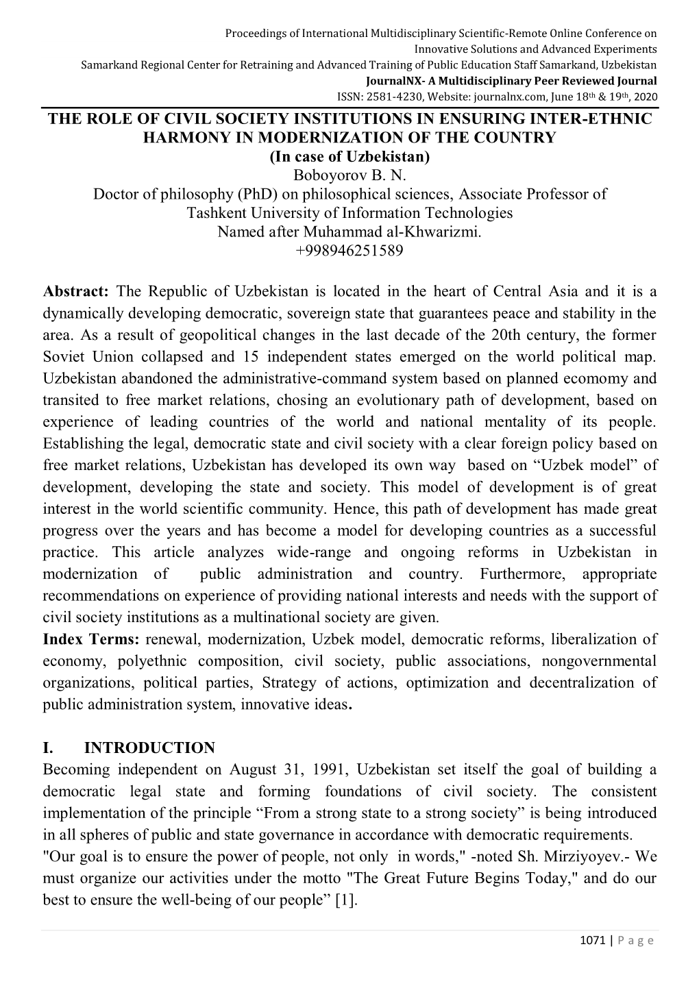 THE ROLE of CIVIL SOCIETY INSTITUTIONS in ENSURING INTER-ETHNIC HARMONY in MODERNIZATION of the COUNTRY (In Case of Uzbekistan) Boboyorov B