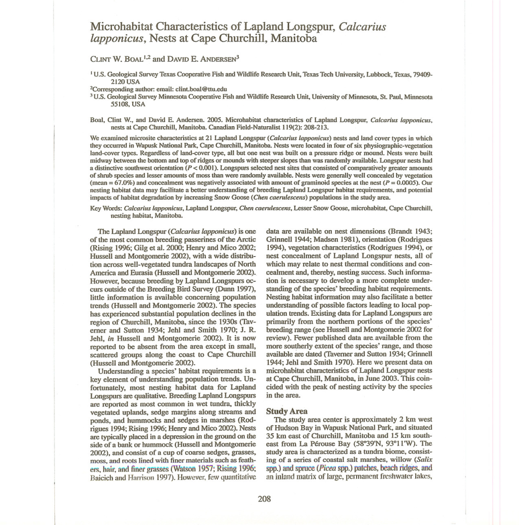 Microhabitat Characteristics of Lapland Longspur, Calcarius Lapponicus, Nests at Cape Churchill, Manitoba