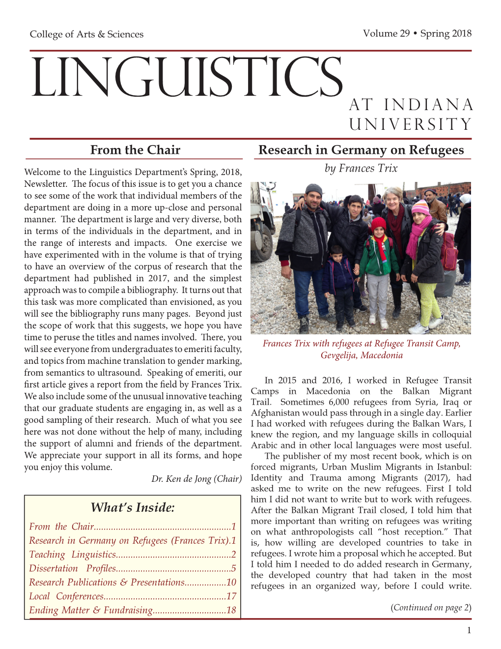 Spring 2018 Linguistics at Indiana University from the Chair Research in Germany on Refugees