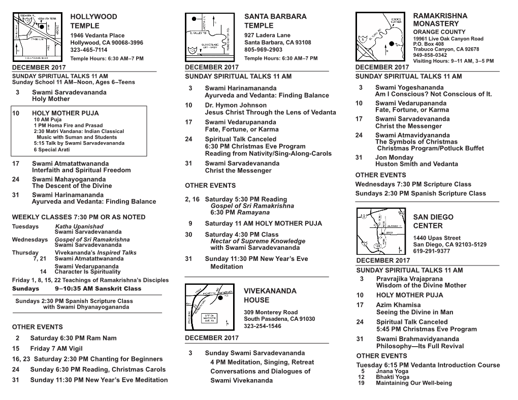 Hollywood Temple Santa Barbara Temple Ramakrishna Monastery San Diego Center Vivekananda House