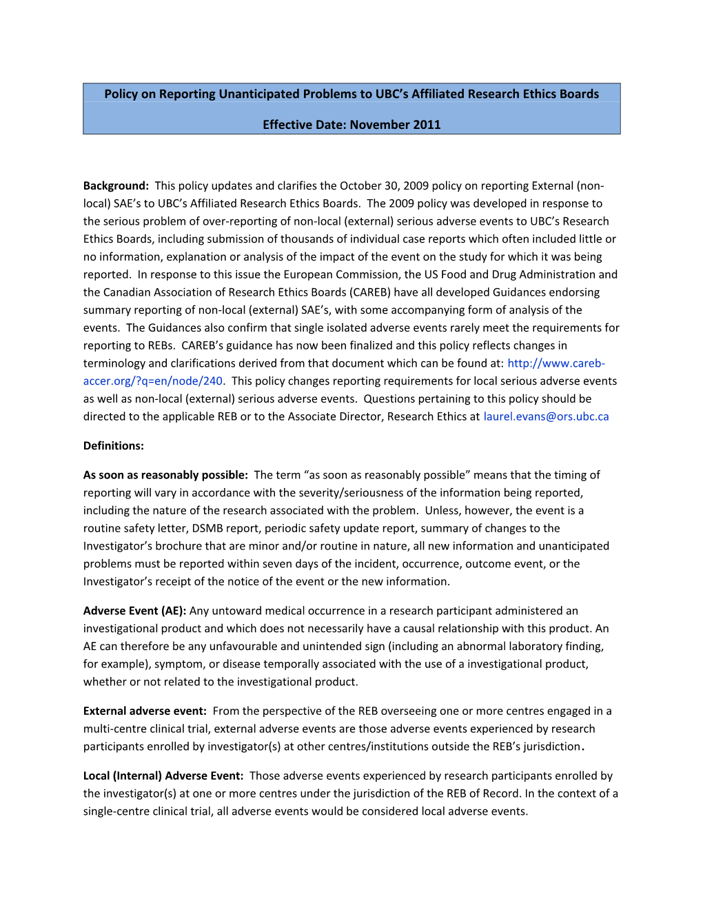 Policy on Reporting of Non-Local (External) Serious Adverse Events to UBC S