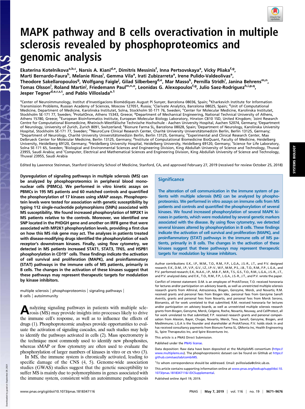 MAPK Pathway and B Cells Overactivation in Multiple Sclerosis Revealed by Phosphoproteomics and Genomic Analysis