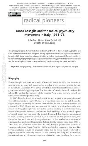 Franco Basaglia and the Radical Psychiatry Movement in Italy