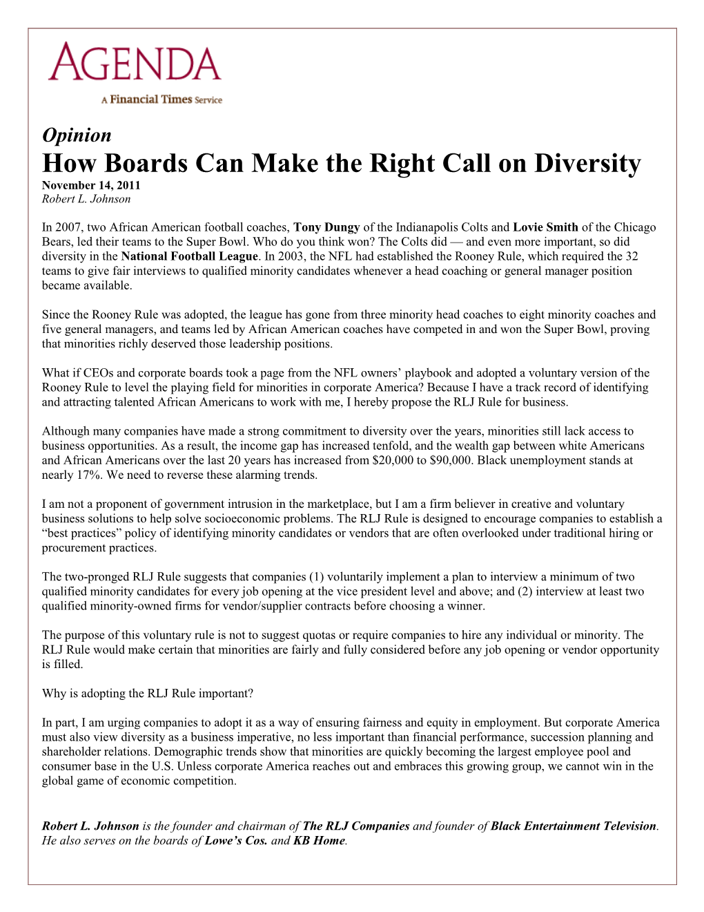 How Boards Can Make the Right Call on Diversity November 14, 2011 Robert L