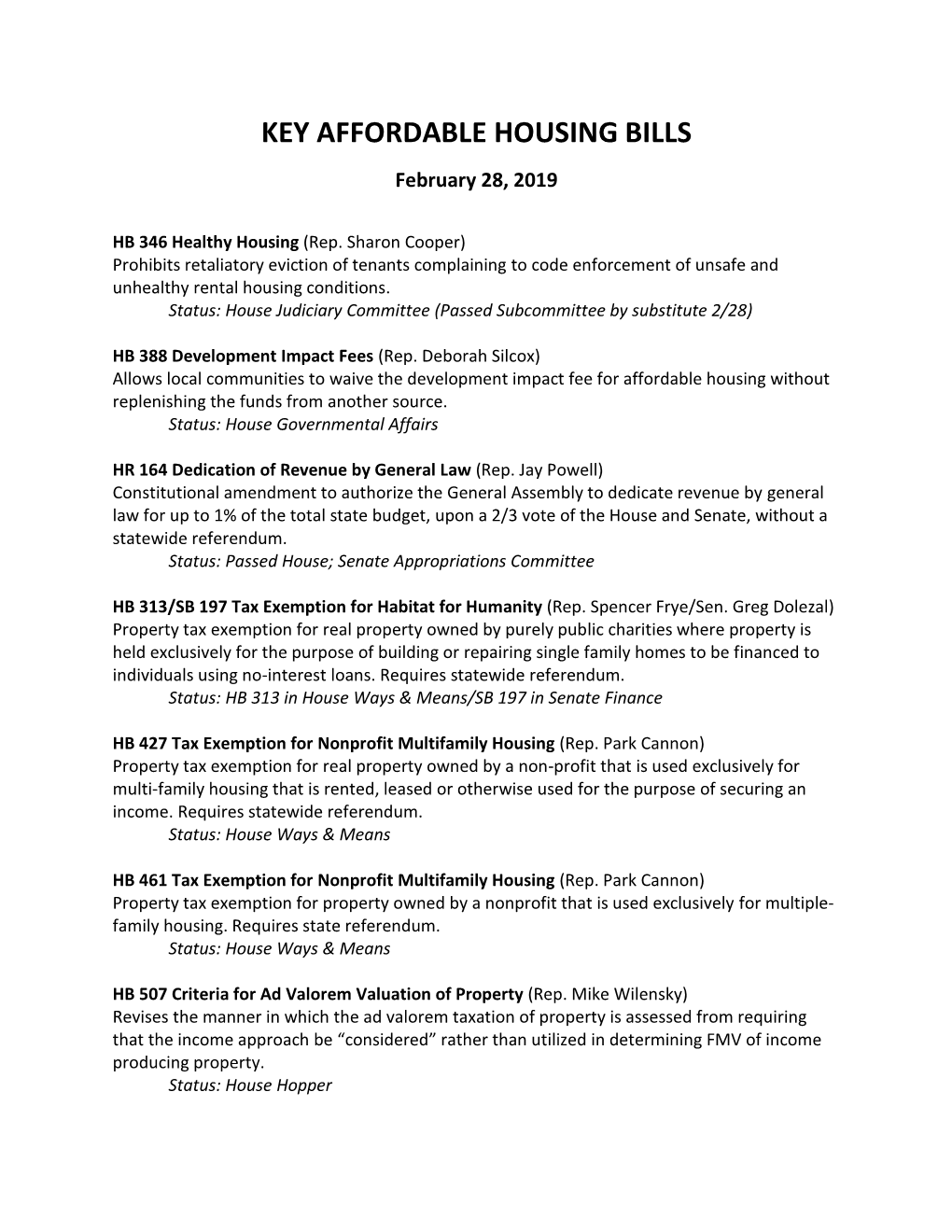 KEY AFFORDABLE HOUSING BILLS February 28, 2019