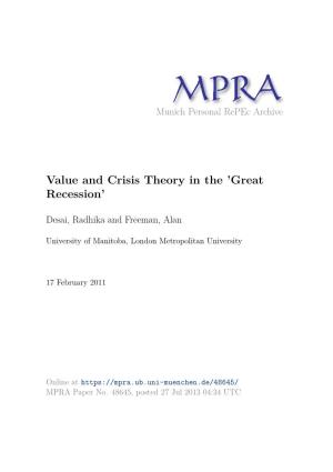 Value and Crisis Theory in the 'Great Recession'