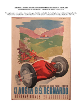 1949 Aosta – Gran San Bernardo (Corsa in Salita = Racing Hill Climb) of 28 August, 1949 Presentation Edited by John De Boer – the Italian Car Registry (10/22/2019)