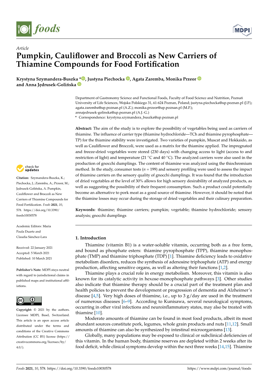 Pumpkin, Cauliflower and Broccoli As New Carriers of Thiamine