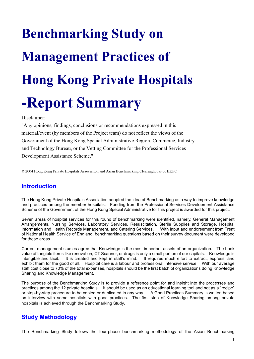 Benchmarking Study on Management Practices of Hong Kong Private