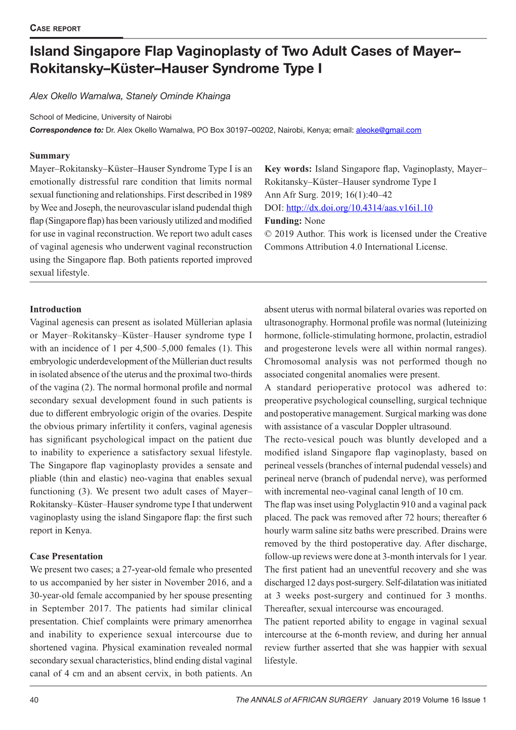 Island Singapore Flap Vaginoplasty of Two Adult Cases of Mayer– Rokitansky–Küster–Hauser Syndrome Type I