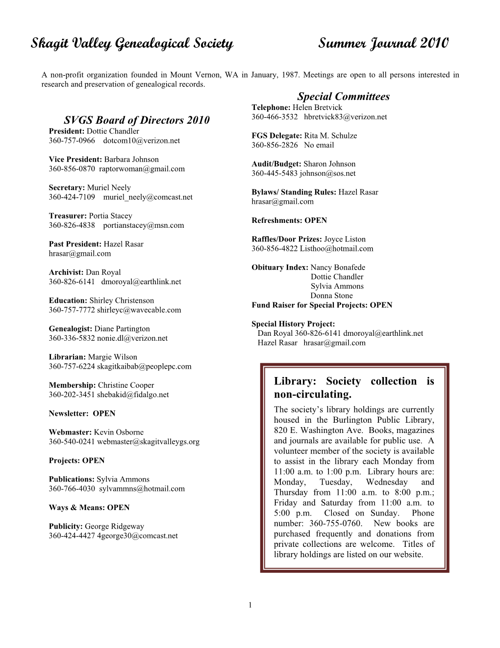 Skagit Valley Genealogical Society Summer Journal 2010
