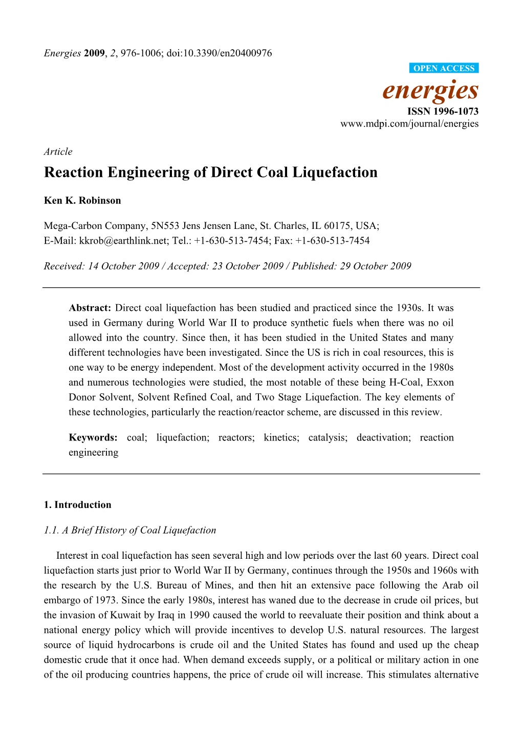 Reaction Engineering of Direct Coal Liquefaction