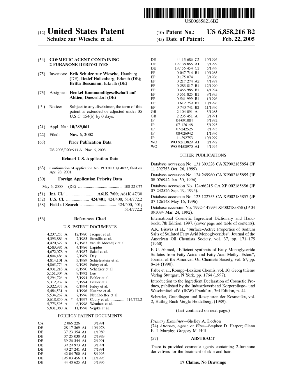 (12) United States Patent (10) Patent No.: US 6,858,216 B2 Schulze Zur Wiesche Et Al