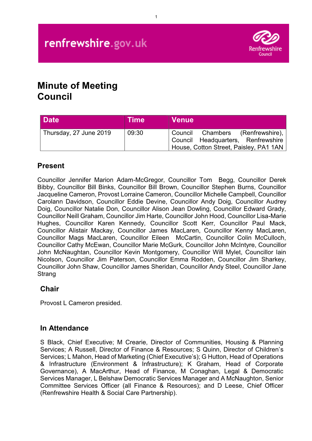 Minute of Meeting Council