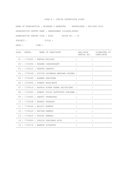 Form a / Junior Supervisor Diary Name of Examination