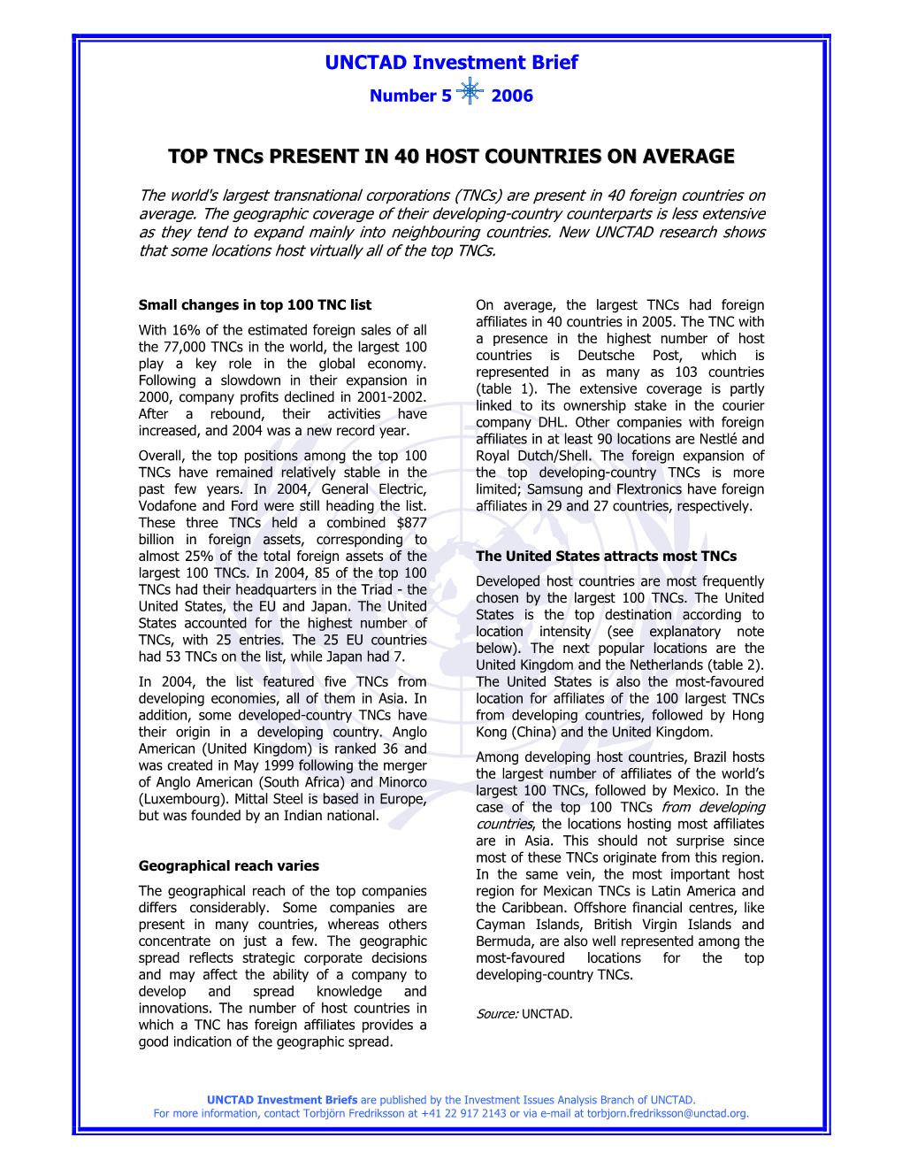 UNCTAD Investment Brief TOP Tncs PRESENT in 40 HOST COUNTRIES on AVERAGE
