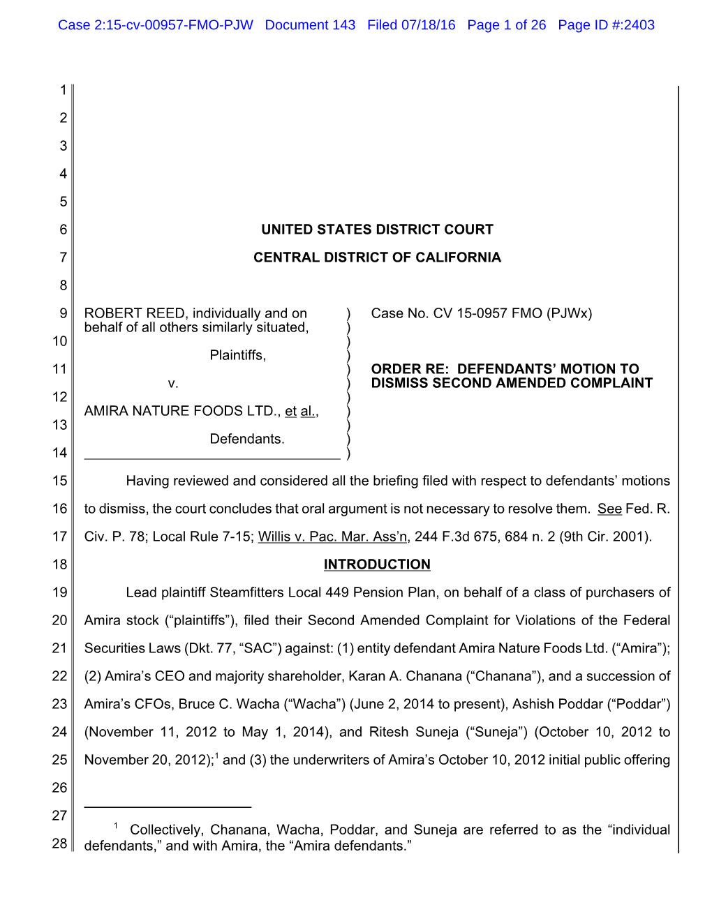 Robert Read, Et Al. V. Amira Nature Foods Ltd., Et Al. 15-CV-00957