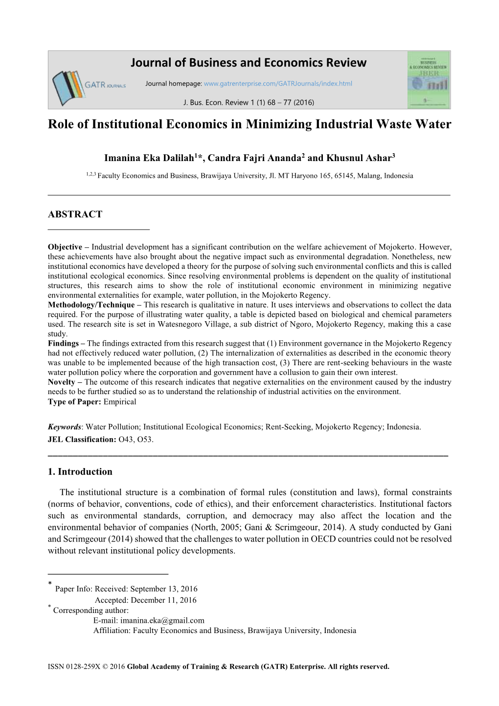 Journal of Business and Economics Review Role