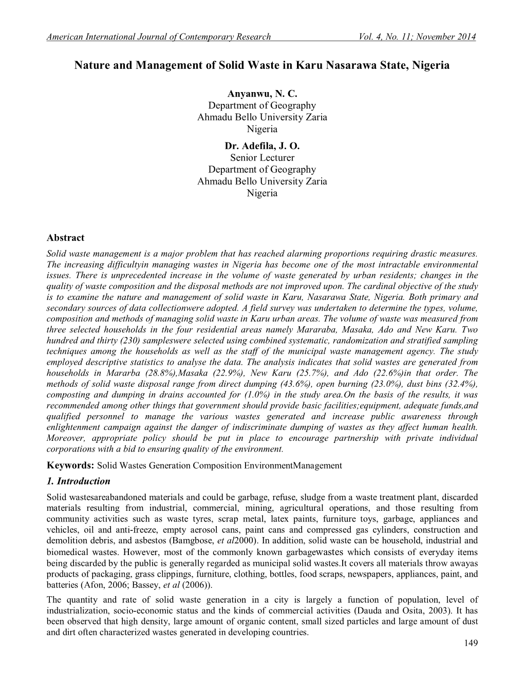 Nature and Management of Solid Waste in Karu Nasarawa State, Nigeria