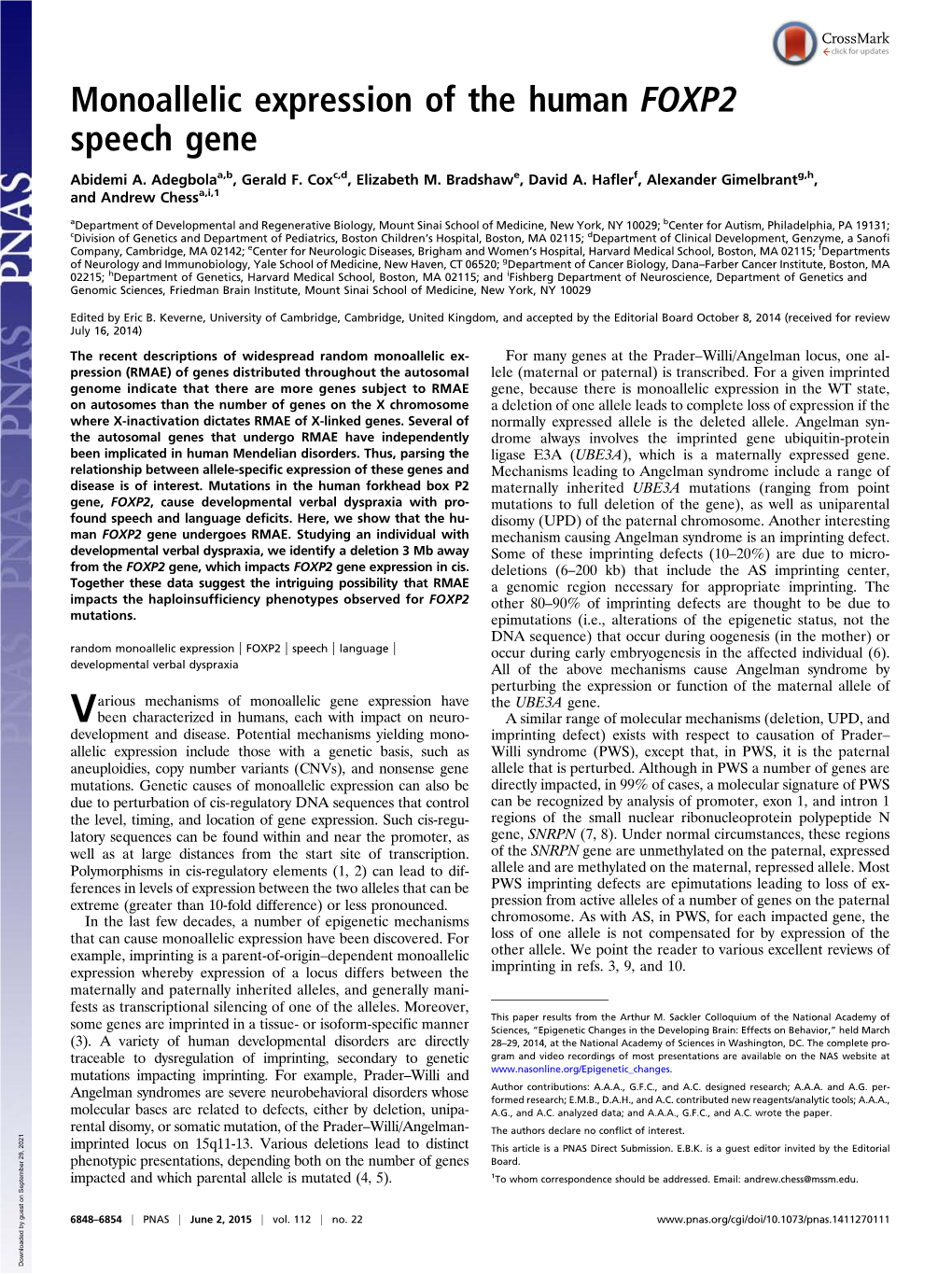 Monoallelic Expression of the Human FOXP2 Speech Gene