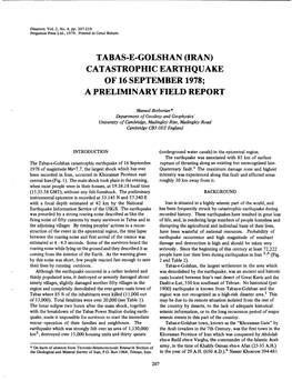Tabas-E-Golshan (Iran) Catastrophic Earthquake of 16 September1978; a Preliminary Field Report