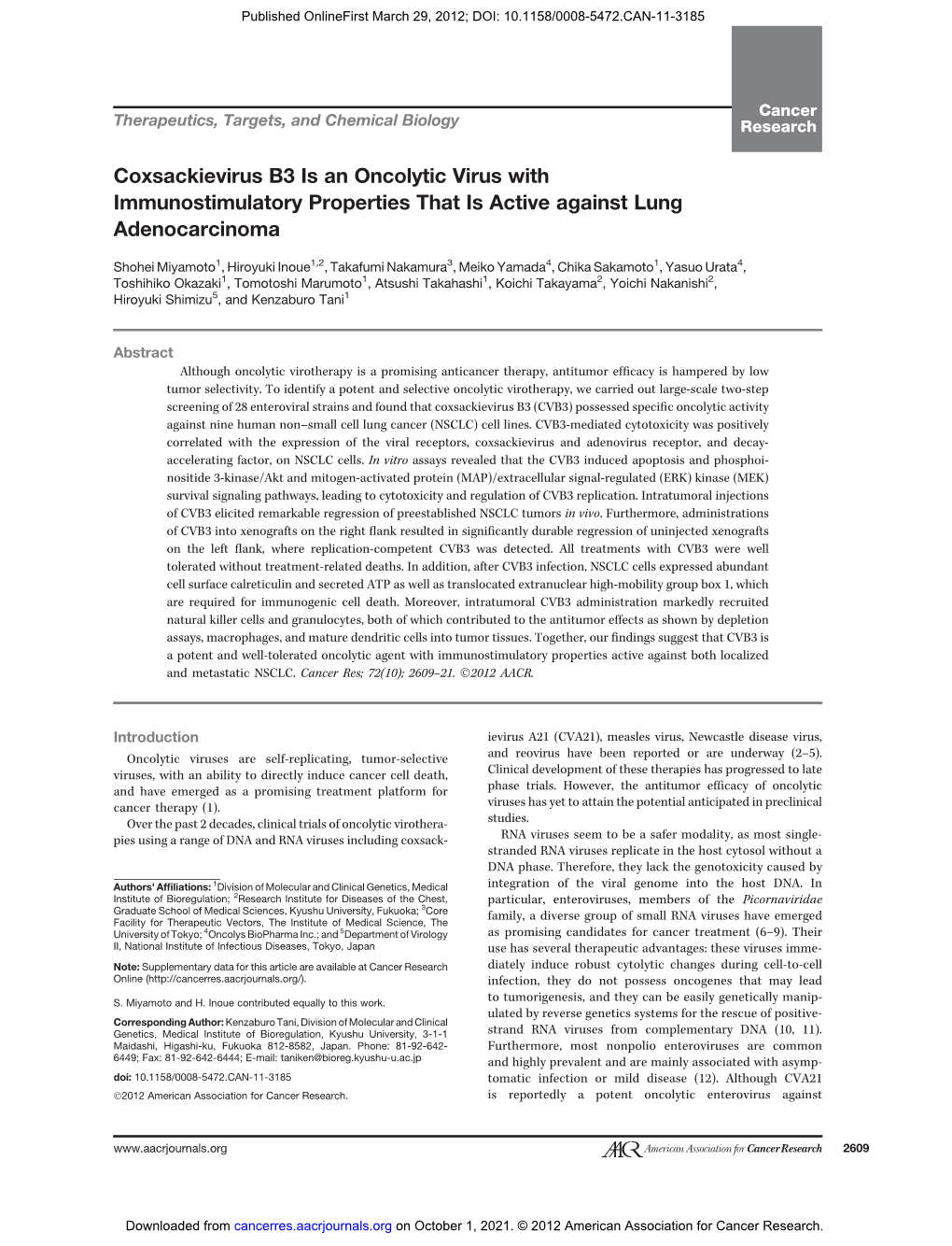 Coxsackievirus B3 Is an Oncolytic Virus with Immunostimulatory Properties That Is Active Against Lung Adenocarcinoma