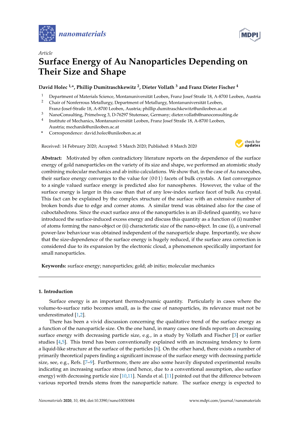 Surface Energy of Au Nanoparticles Depending on Their Size and Shape