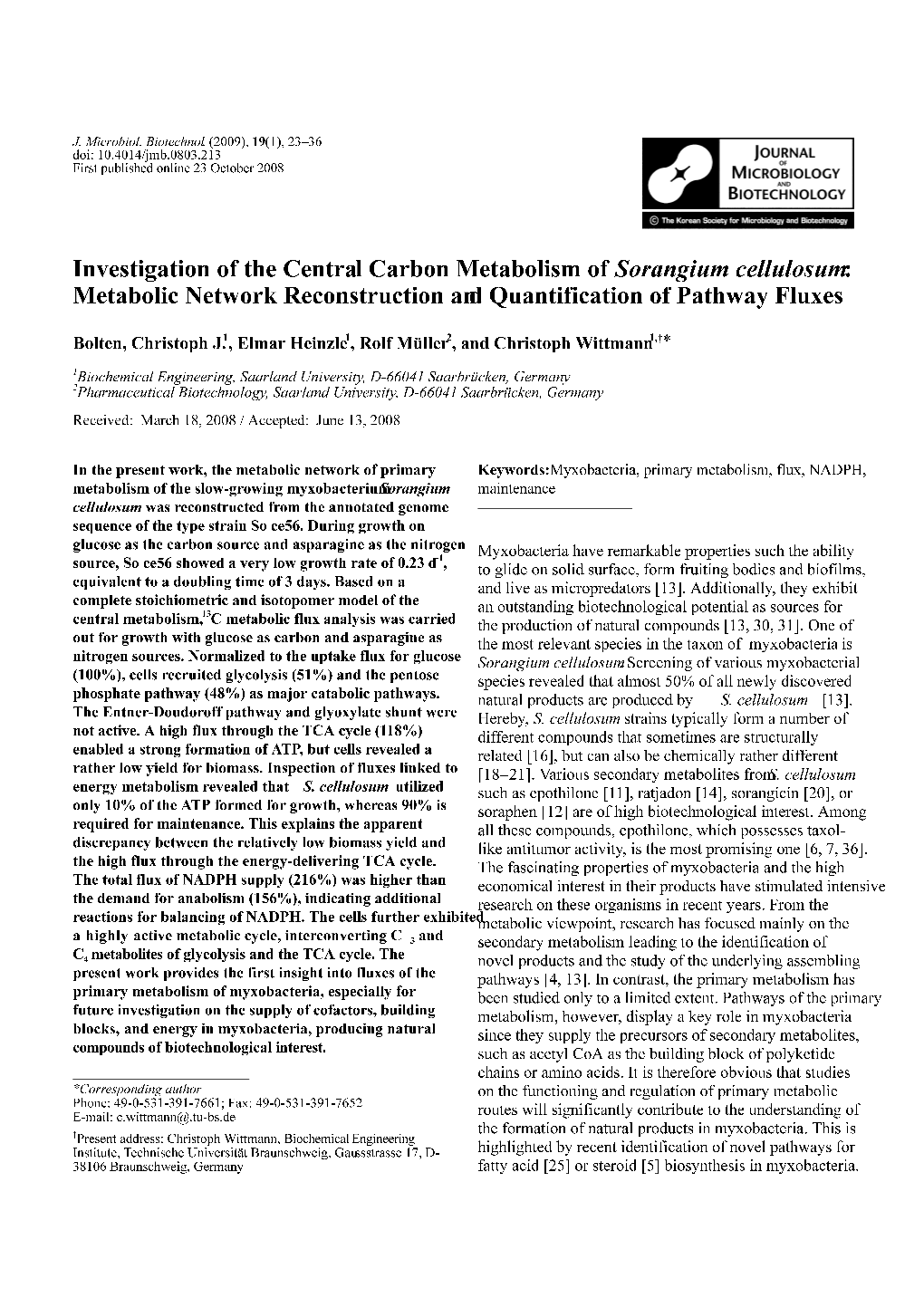 Investigation of the Central Carbon Metabolism of Sorangium Cellulosum: Metabolic Network Reconstruction and Quantification of Pathway Fluxes