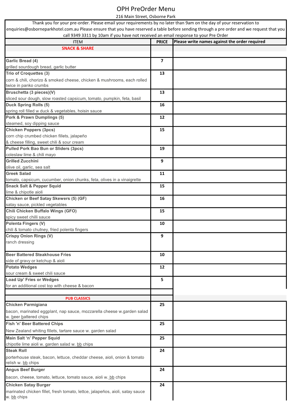 OPH Preorder Menu 216 Main Street, Osborne Park Thank You for Your Pre-Order